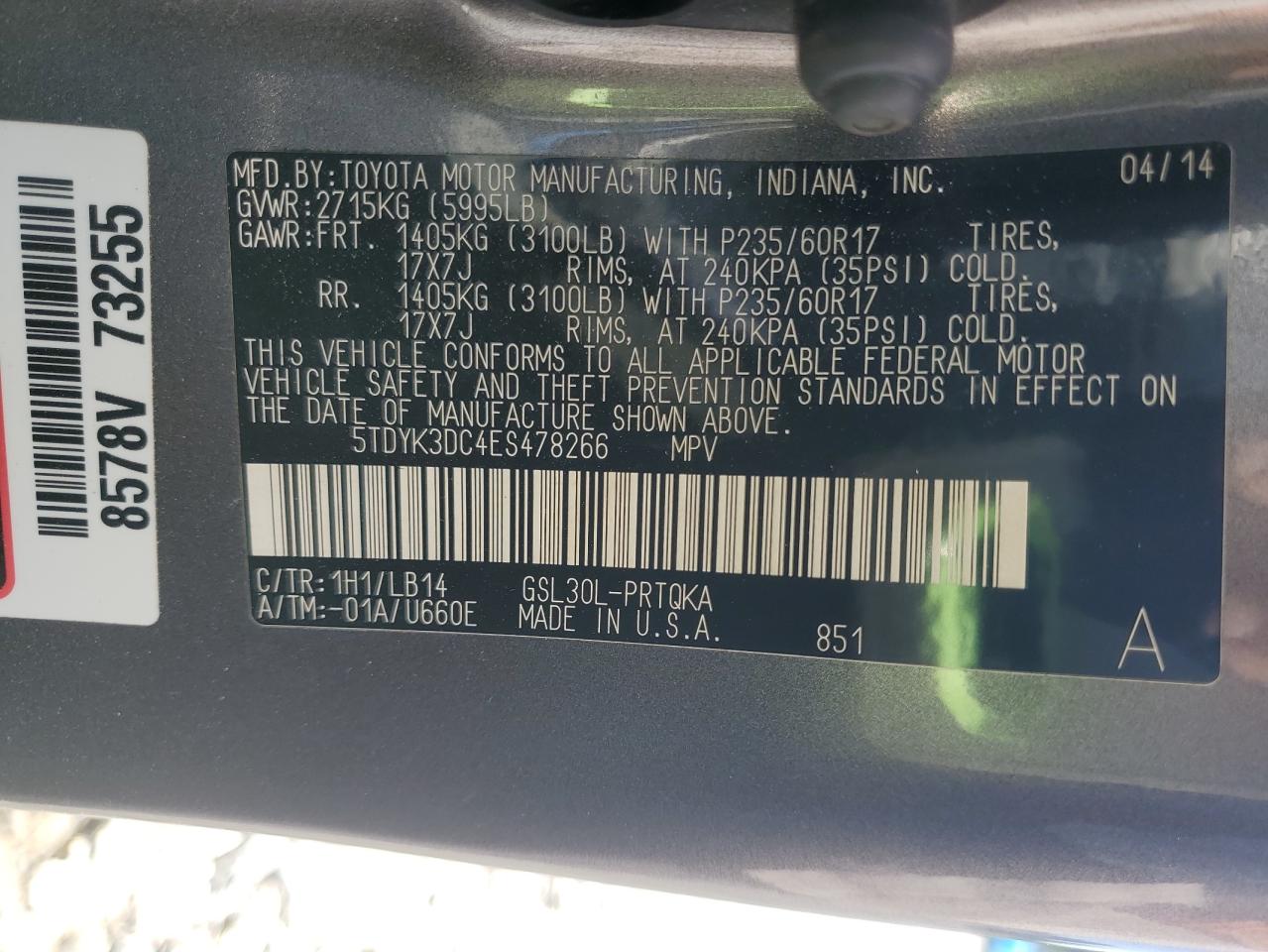 2014 Toyota Sienna Xle VIN: 5TDYK3DC4ES478266 Lot: 81906295