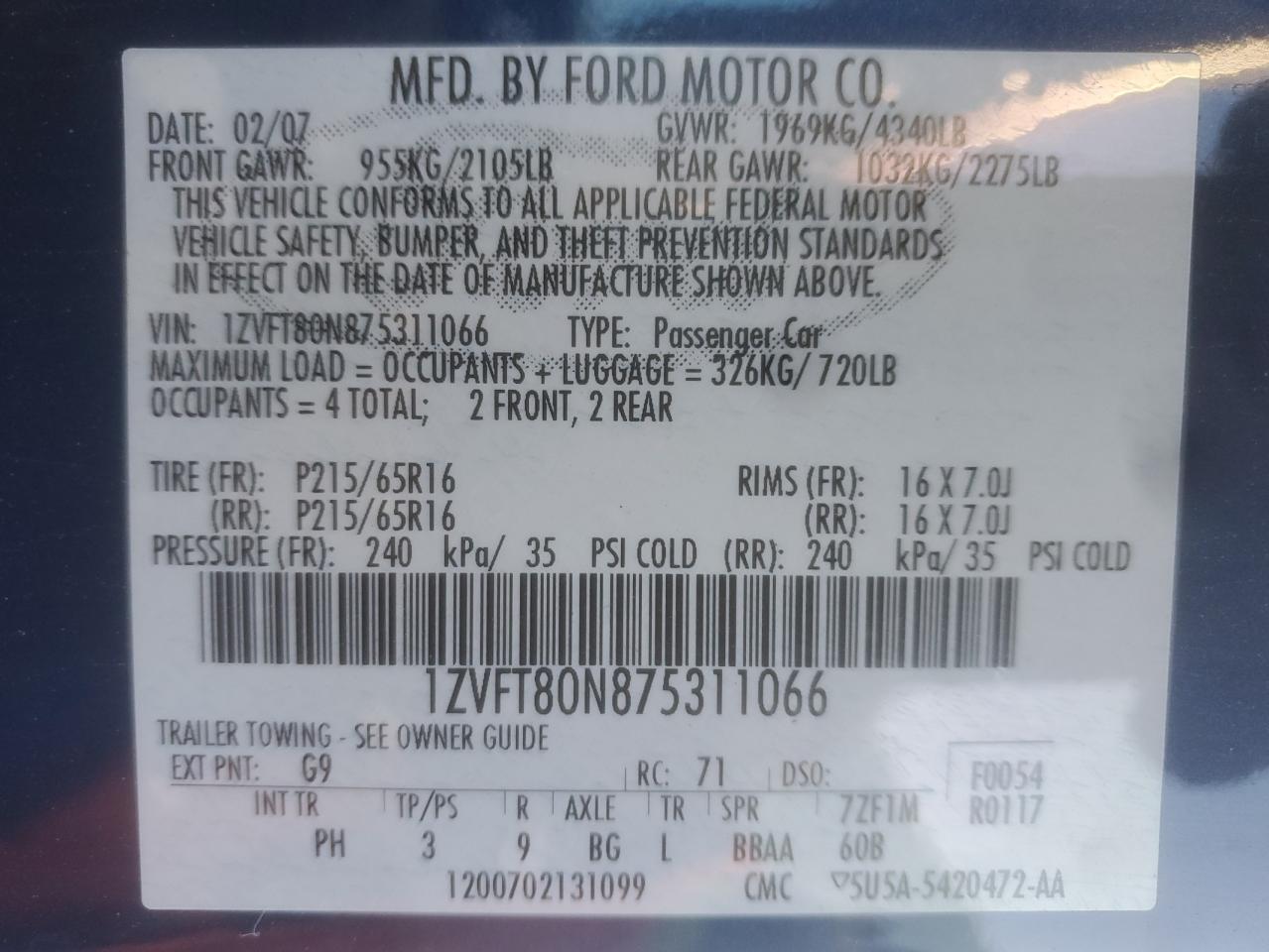 2007 Ford Mustang VIN: 1ZVFT80N875311066 Lot: 82474805