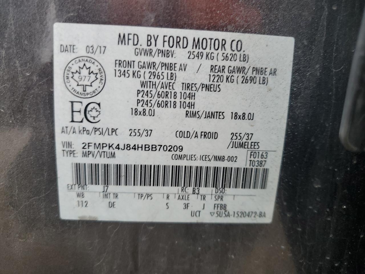 2017 Ford Edge Sel VIN: 2FMPK4J84HBB70209 Lot: 85566115