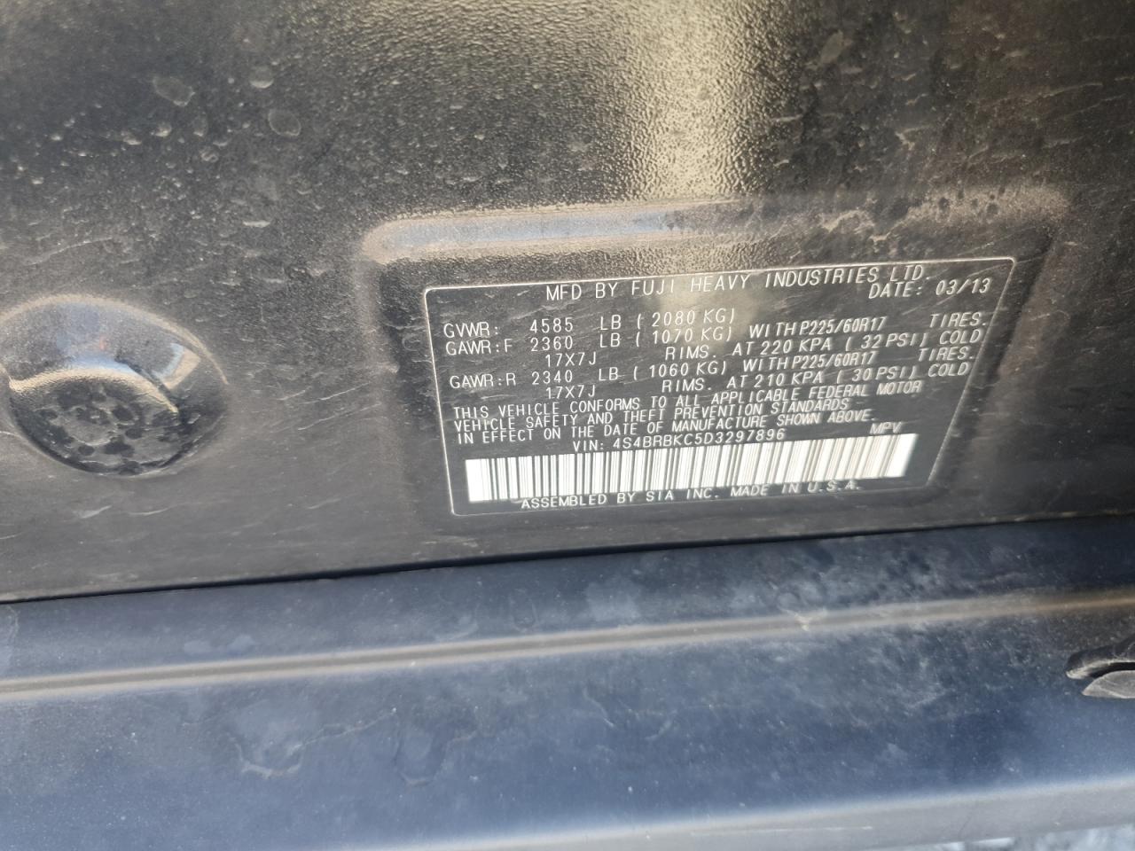 2013 Subaru Outback 2.5I Limited VIN: 4S4BRBKC5D3297896 Lot: 84834235