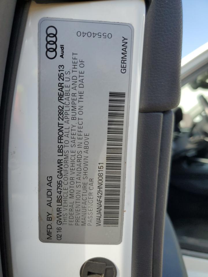 2017 Audi A4 Premium VIN: WAUANAF42HN008151 Lot: 82390685