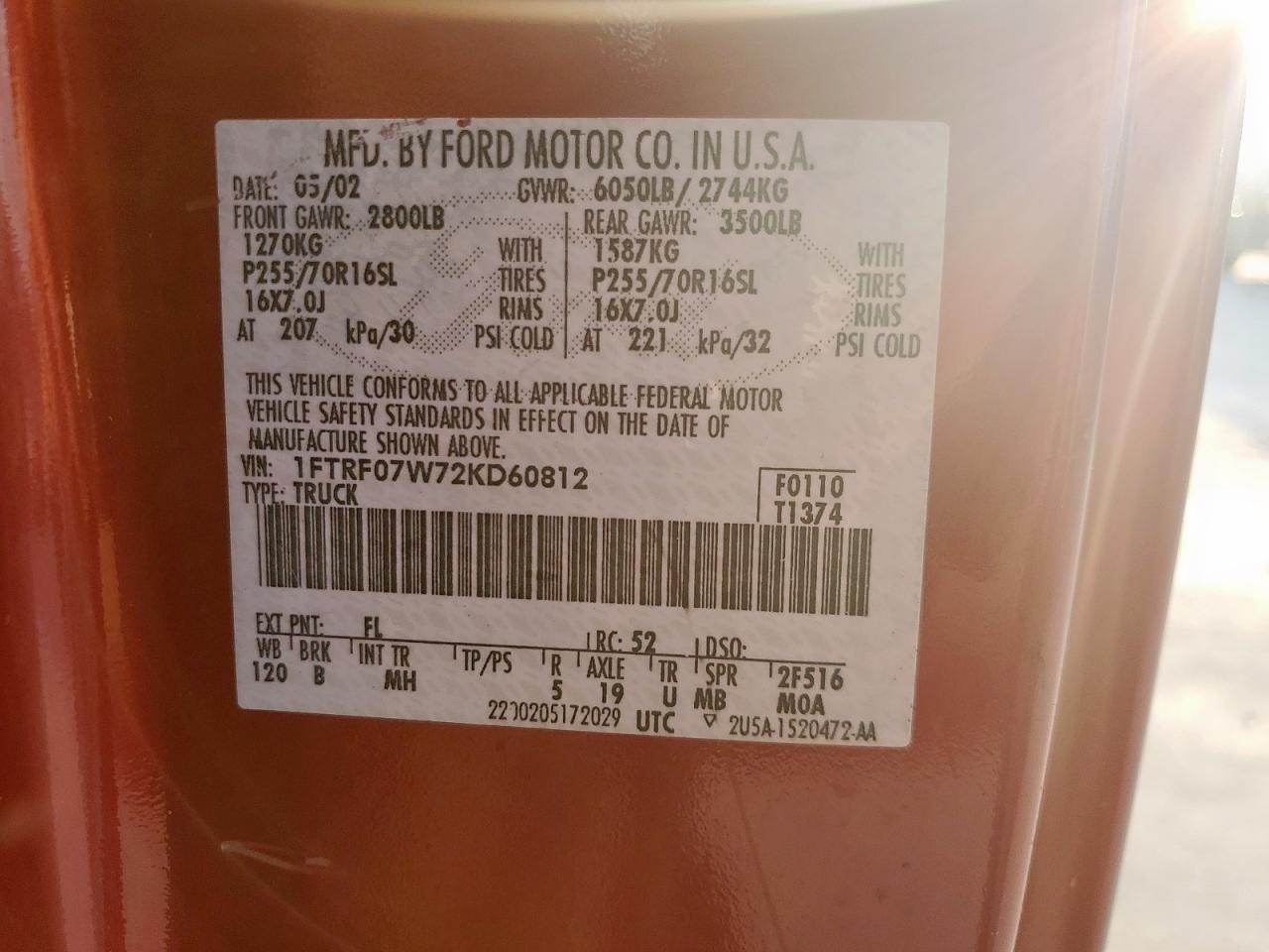 2002 Ford F150 VIN: 1FTRF07W72KD60812 Lot: 90410405