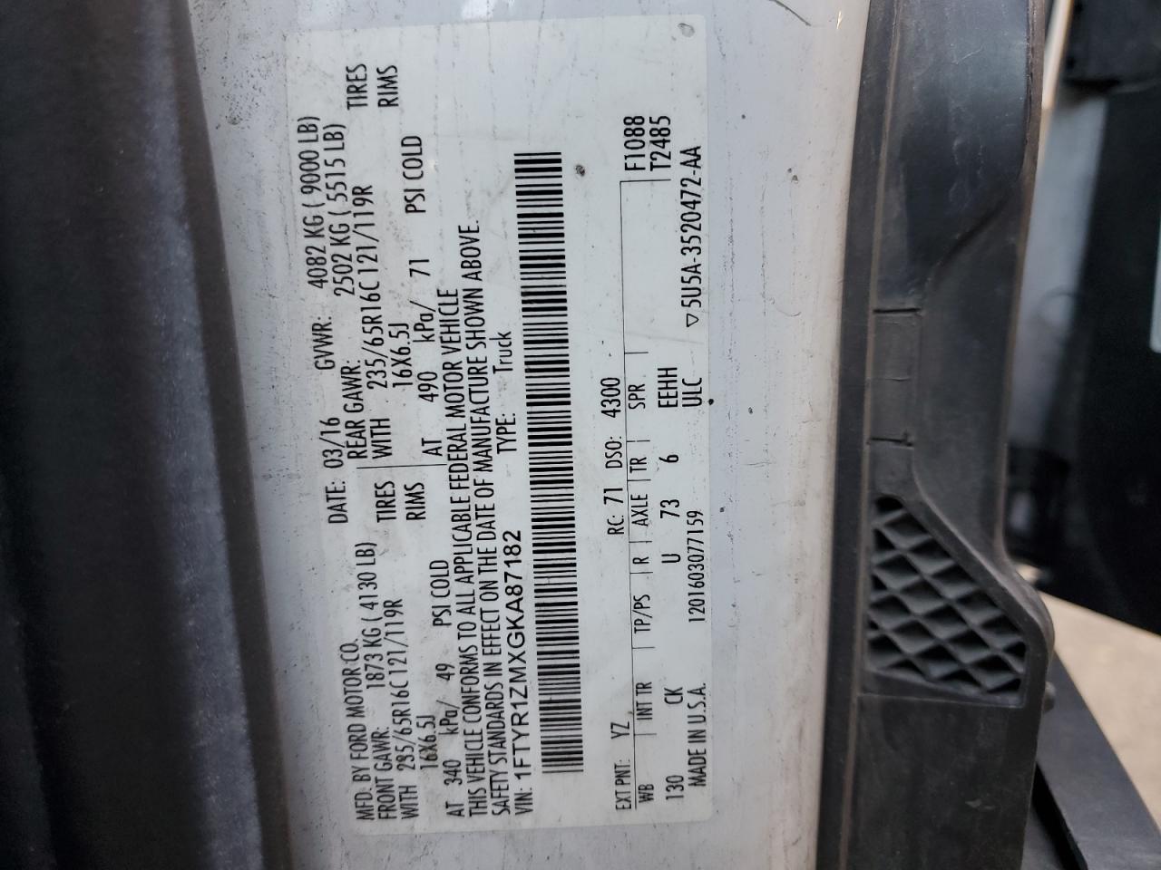 2016 Ford Transit T-250 VIN: 1FTYR1ZMXGKA87182 Lot: 81997665