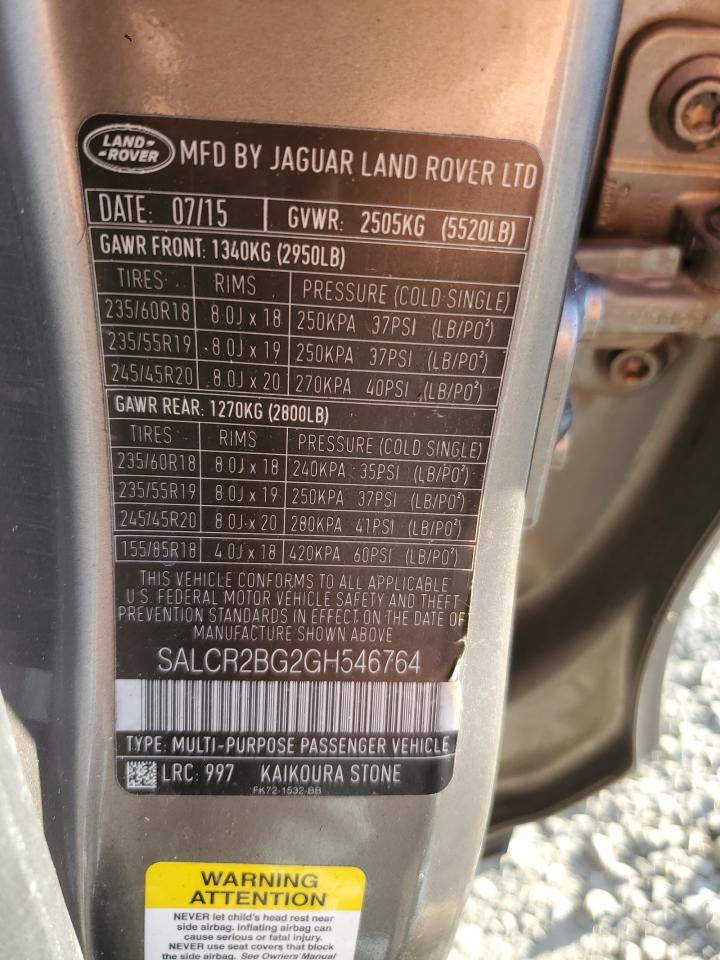 2016 Land Rover Discovery Sport Hse VIN: SALCR2BG2GH546764 Lot: 87074355