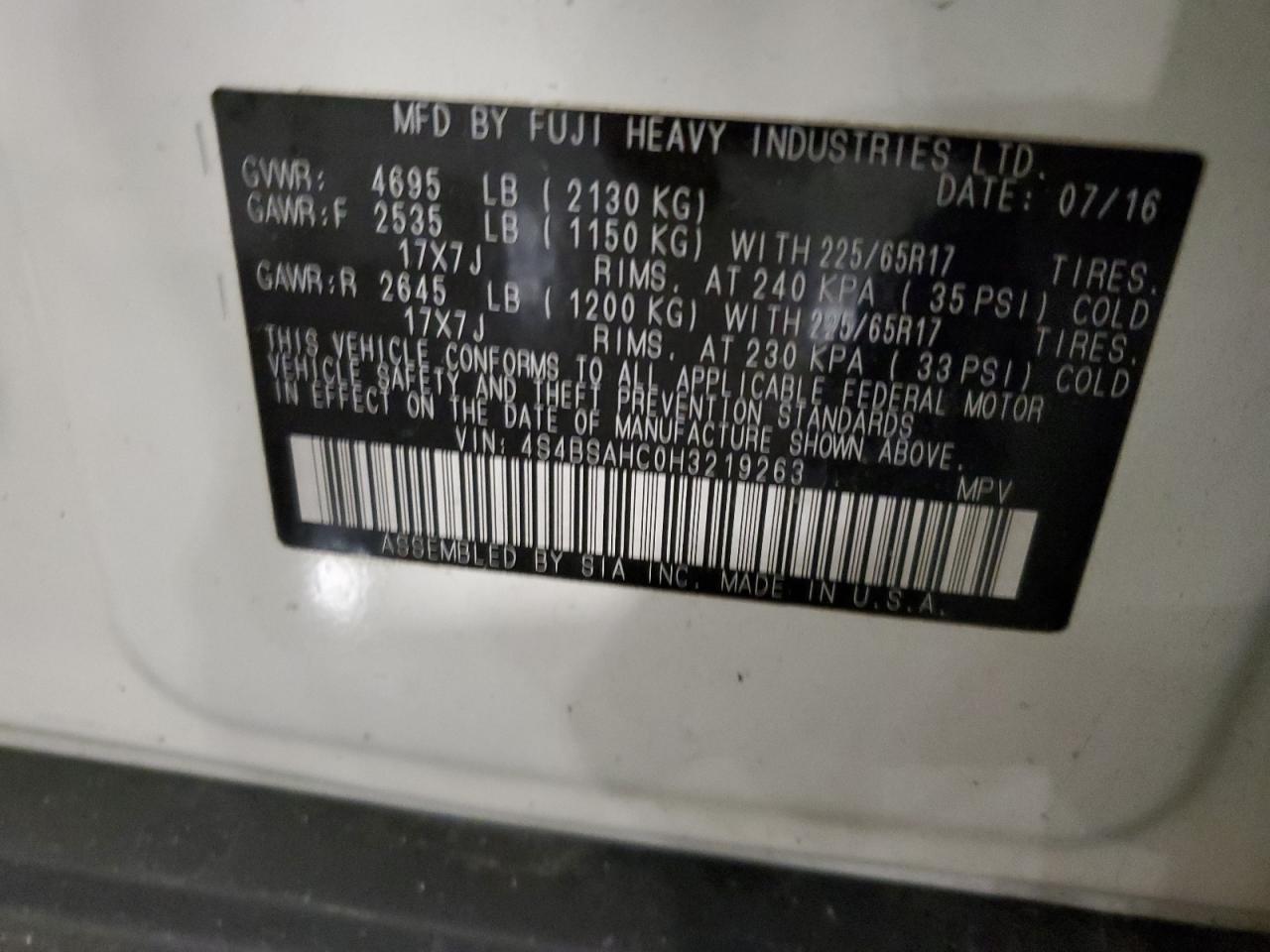 2017 Subaru Outback 2.5I Premium VIN: 4S4BSAHC0H3219263 Lot: 85503955