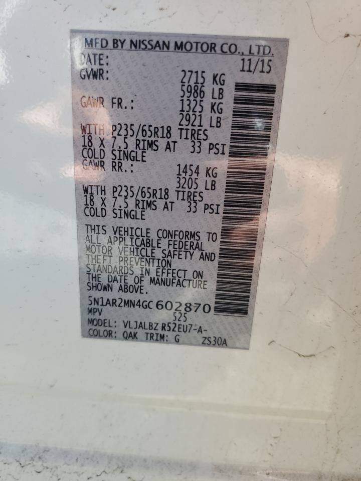 2016 Nissan Pathfinder S VIN: 5N1AR2MN4GC602870 Lot: 90542835