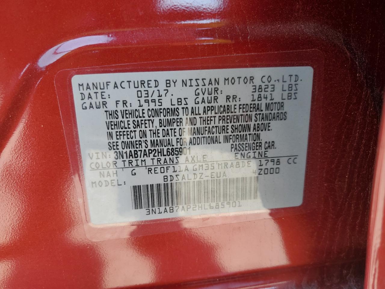 2017 Nissan Sentra S VIN: 3N1AB7AP2HL685901 Lot: 84931555