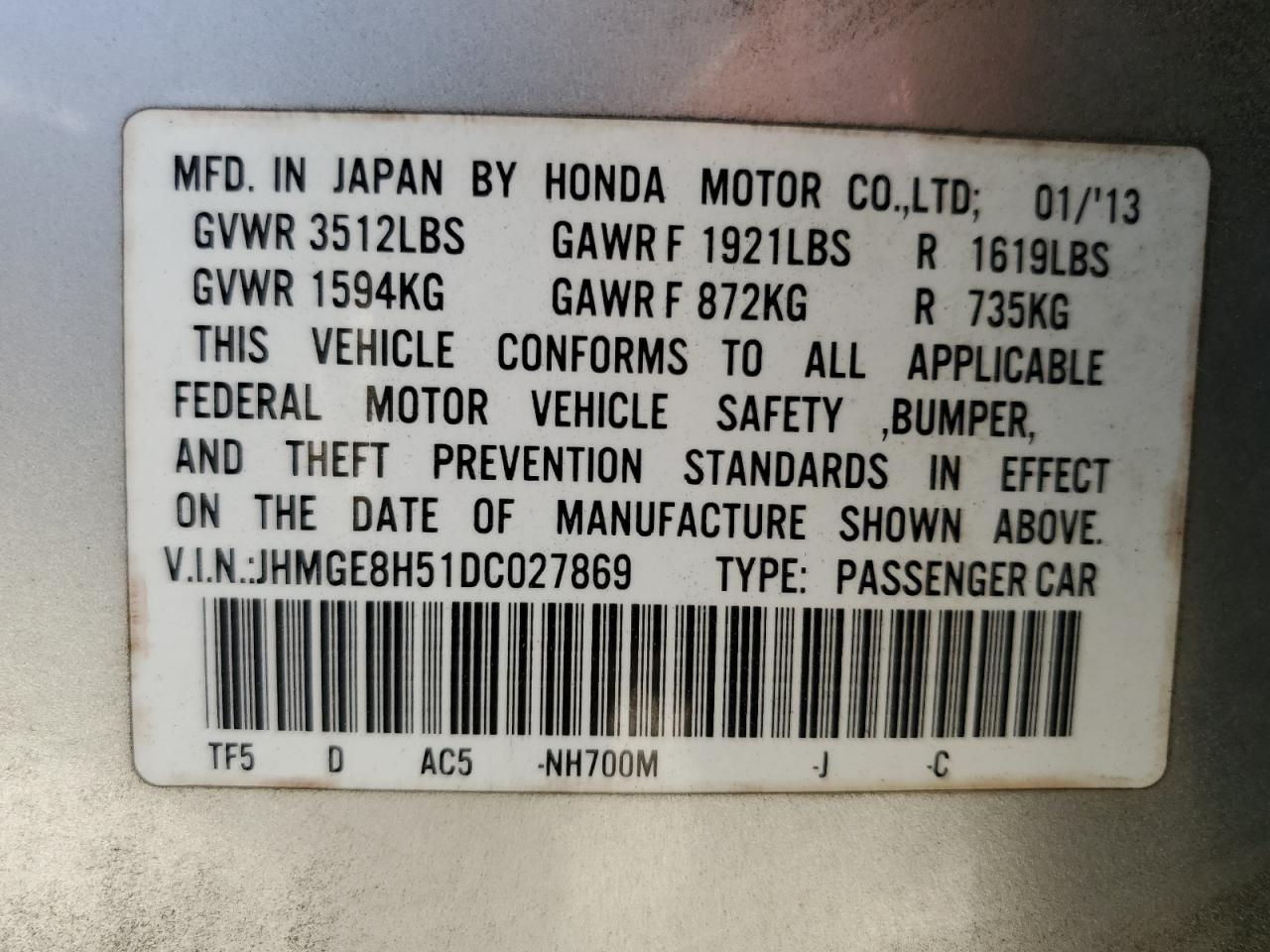 2013 Honda Fit Sport VIN: JHMGE8H51DC027869 Lot: 84402775