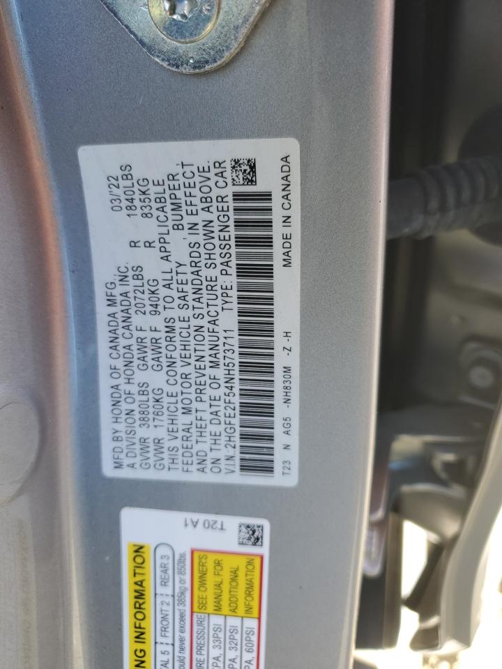 2022 Honda Civic Sport VIN: 2HGFE2F54NH573711 Lot: 86526705