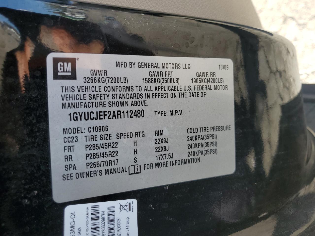 2010 Cadillac Escalade Esv Premium VIN: 1GYUCJEF2AR112480 Lot: 86407865