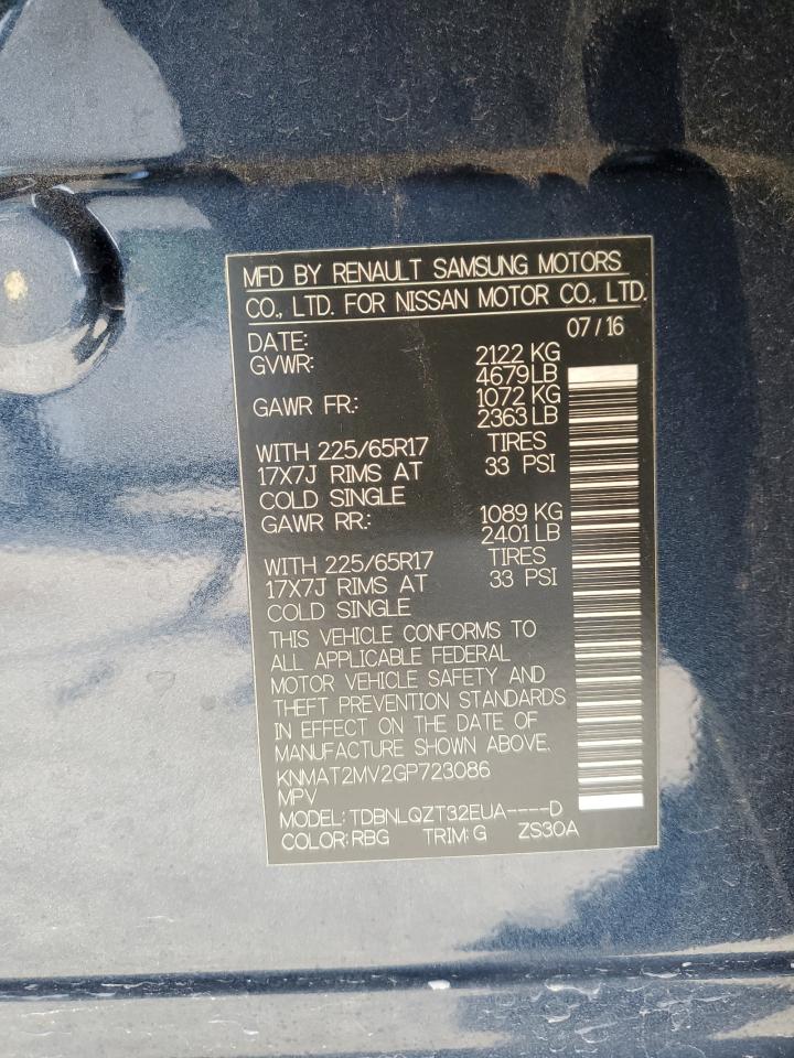 2016 Nissan Rogue S VIN: KNMAT2MV2GP723086 Lot: 86880185