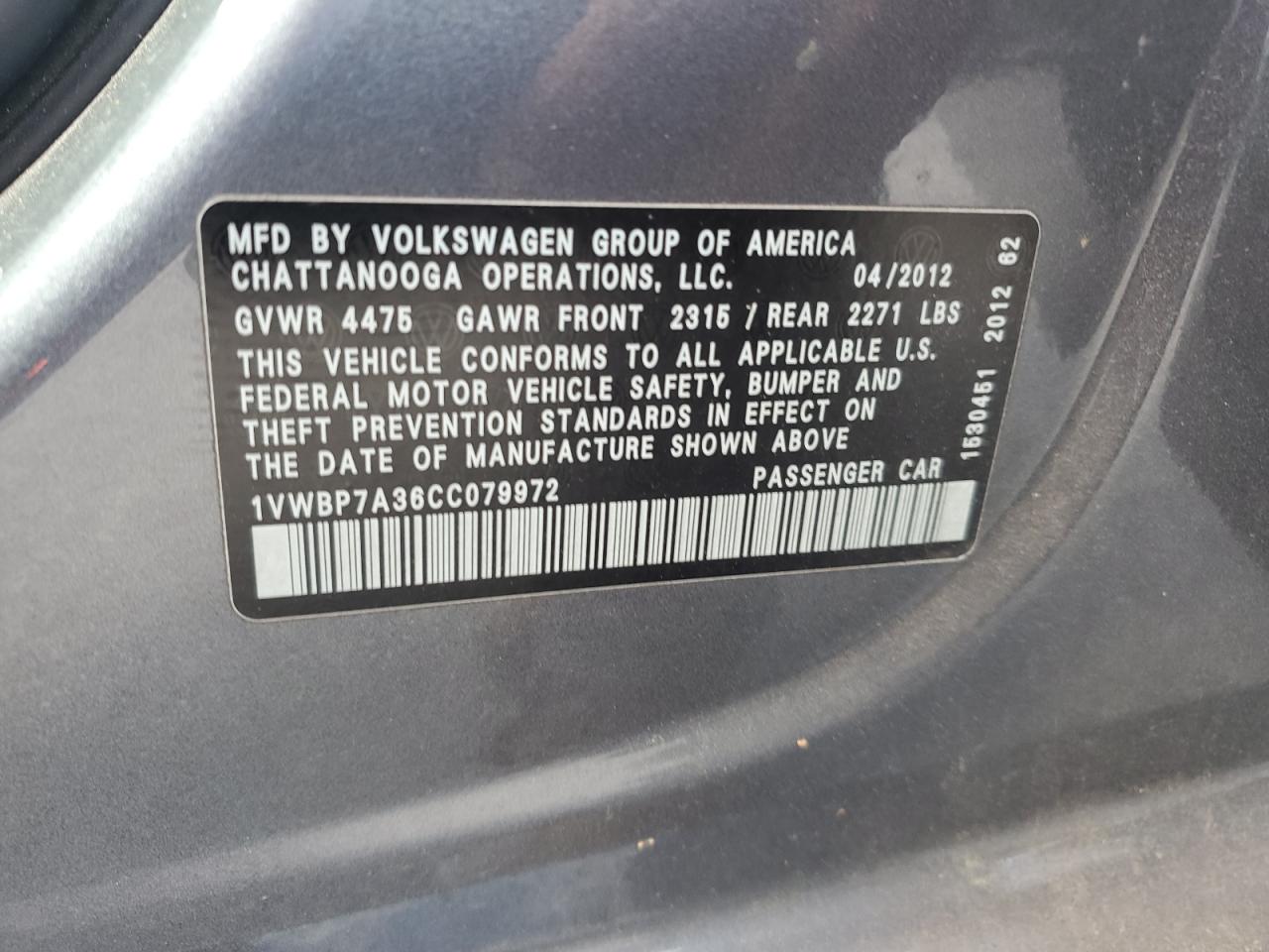 2012 Volkswagen Passat Se VIN: 1VWBP7A36CC079972 Lot: 86119085