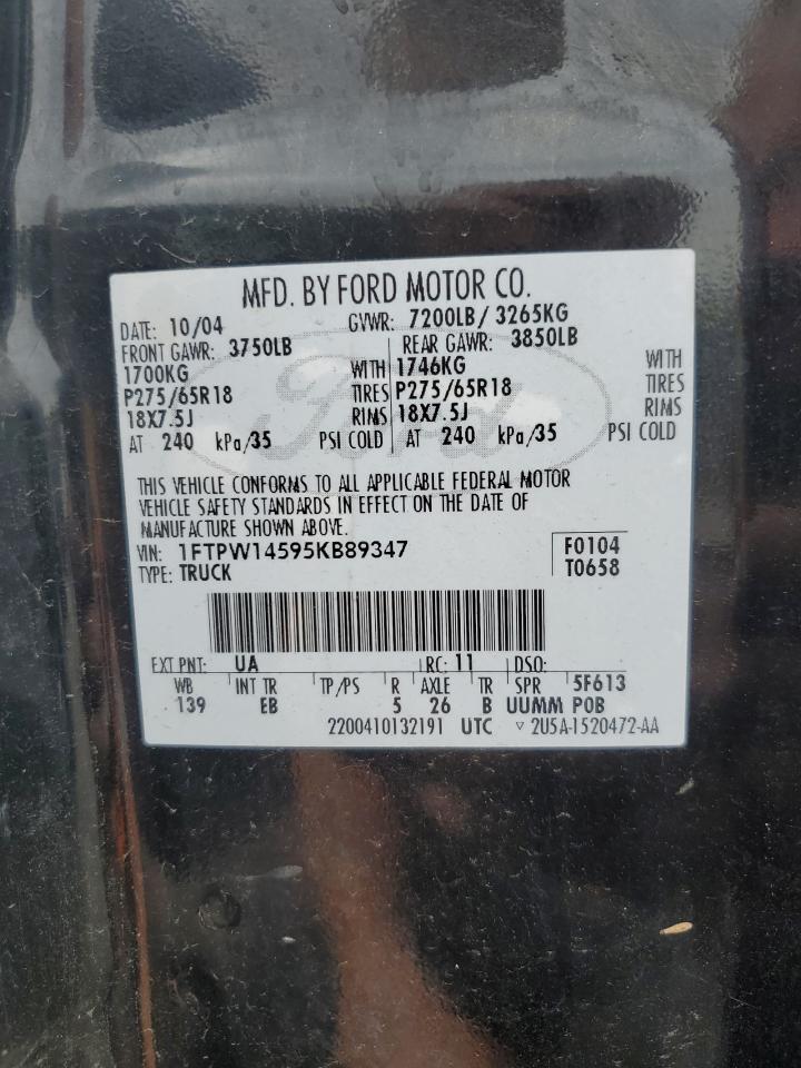 2005 Ford F150 Supercrew VIN: 1FTPW14595KB89347 Lot: 82467085