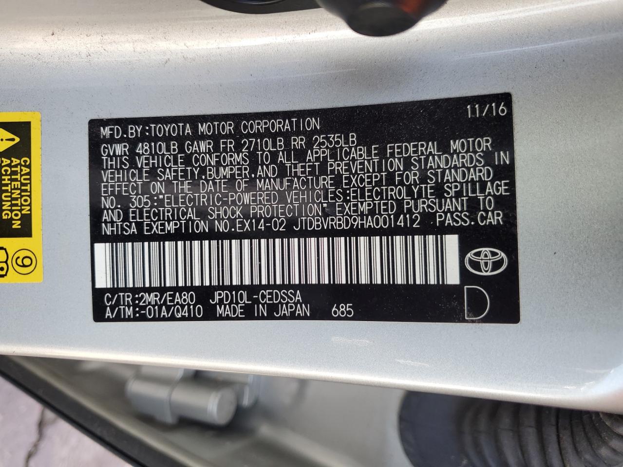 2017 Toyota Mirai VIN: JTDBVRBD9HA001412 Lot: 85948305