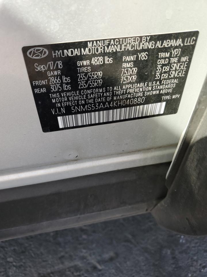 2019 Hyundai Santa Fe Limited VIN: 5NMS53AA4KH040880 Lot: 82329995