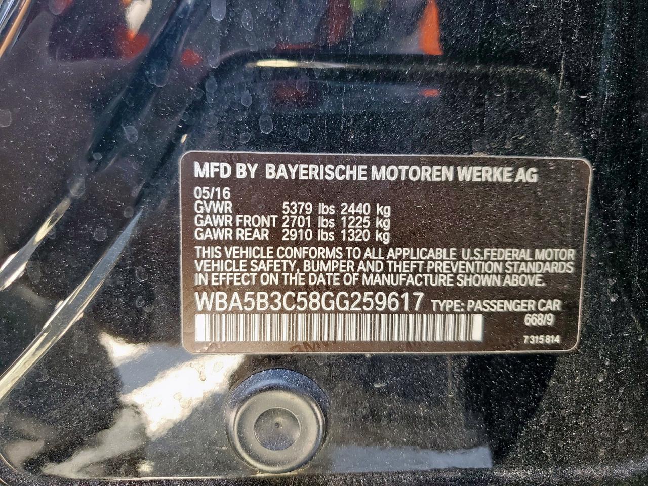 2016 BMW 535 Xi VIN: WBA5B3C58GG259617 Lot: 82422815