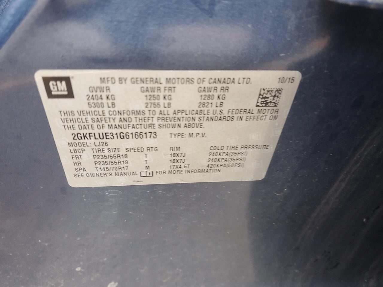 2016 GMC Terrain Slt VIN: 2GKFLUE31G6166173 Lot: 90238195