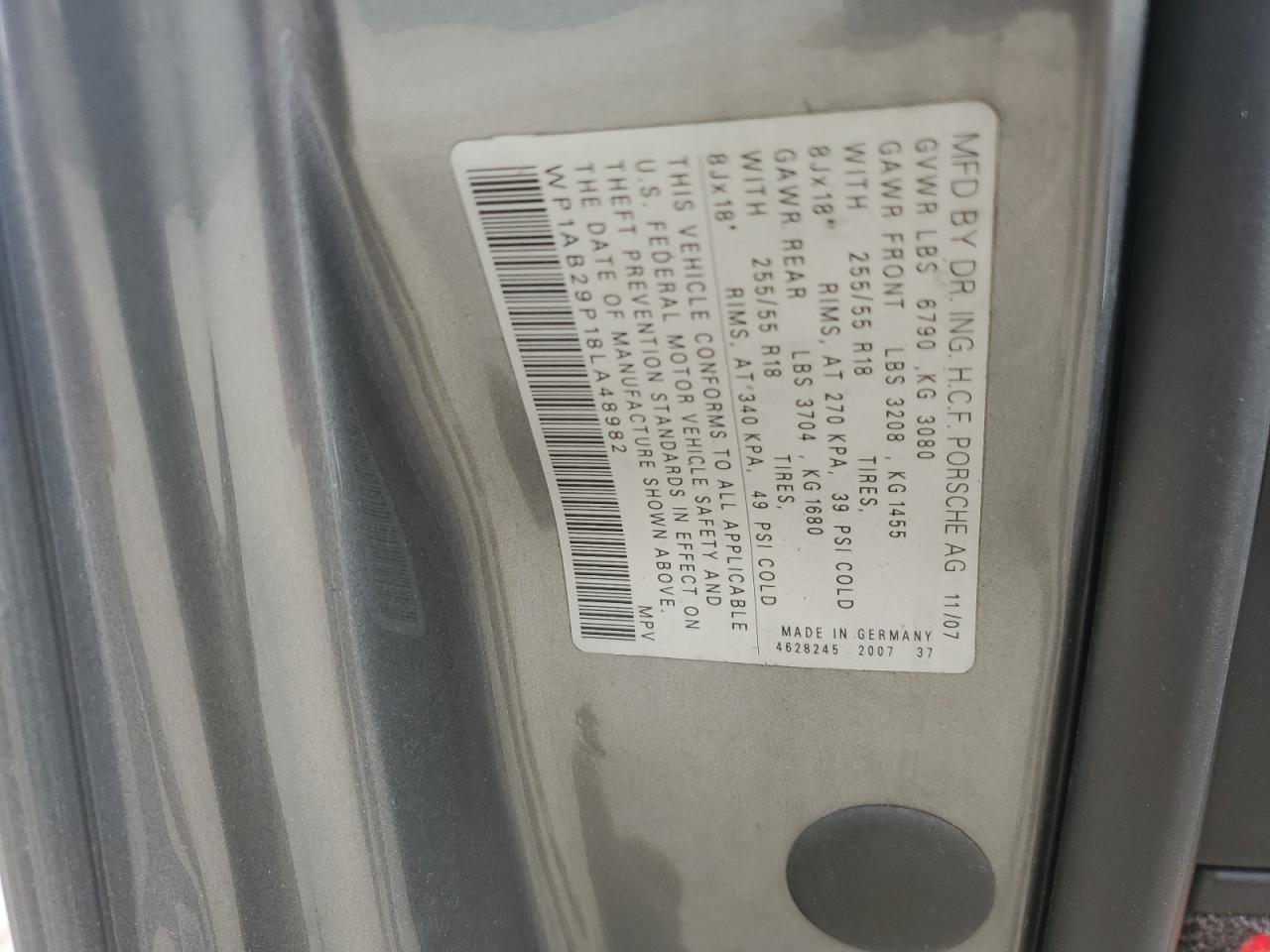 2008 Porsche Cayenne S VIN: WP1AB29P18LA48982 Lot: 85916905