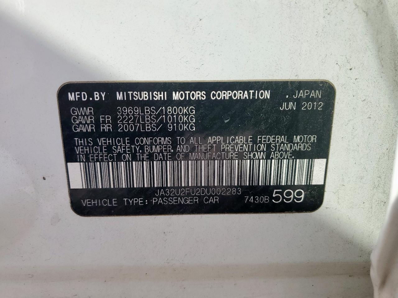 2013 Mitsubishi Lancer Es/Es Sport VIN: JA32U2FU2DU002283 Lot: 84889295