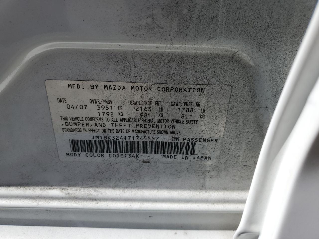 2007 Mazda 3 S VIN: JM1BK324171745557 Lot: 82363435