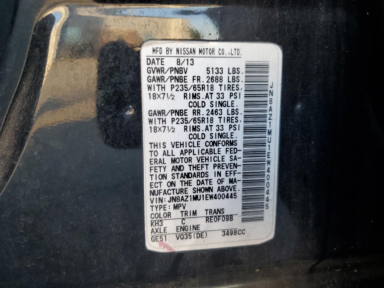 2014 Nissan Murano S VIN: JN8AZ1MU1EW400445 Lot: 82394135