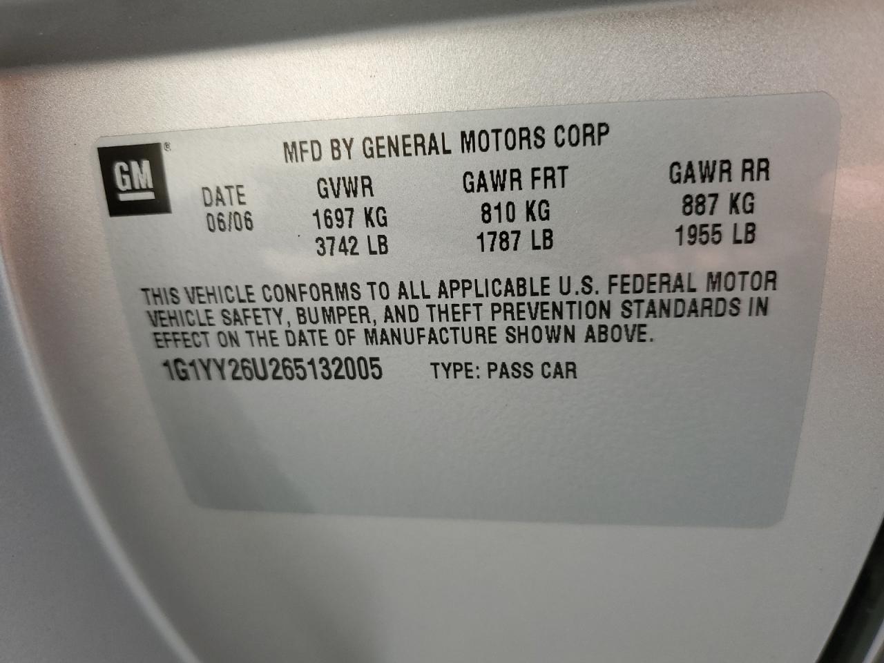 2006 Chevrolet Corvette VIN: 1G1YY26U265132005 Lot: 86635665