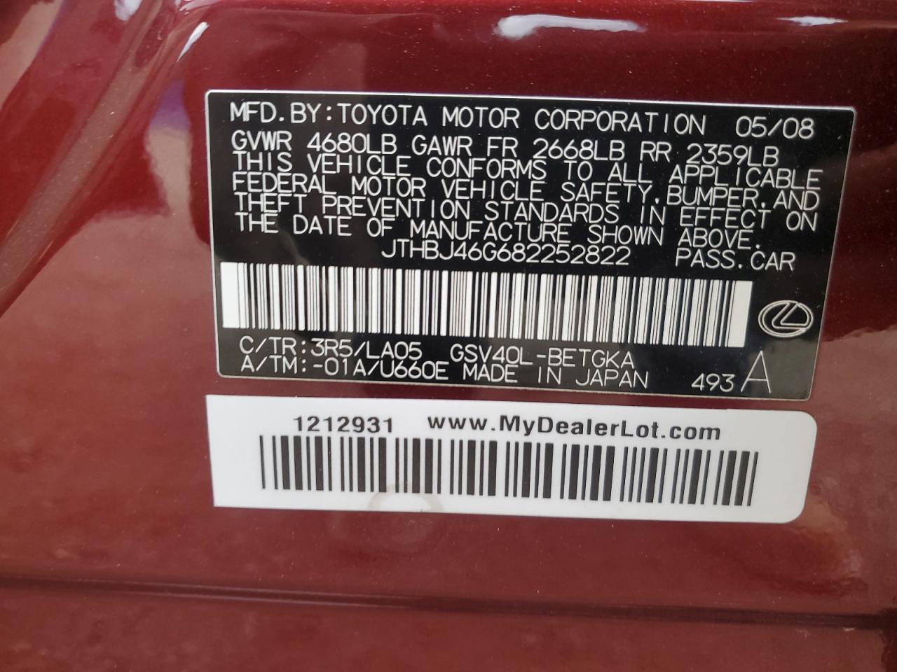 2008 Lexus Es 350 VIN: JTHBJ46G682252822 Lot: 86506445