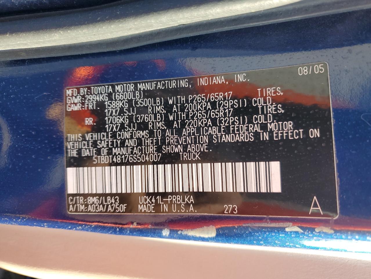 2006 Toyota Tundra VIN: 5TBDT48176S504007 Lot: 84758725