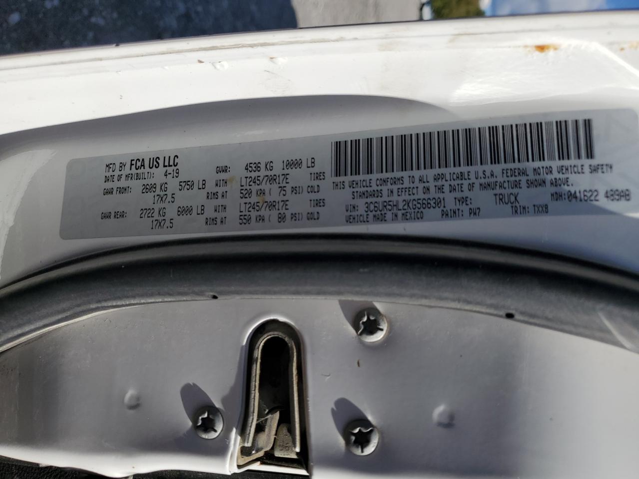 2019 Ram 2500 Tradesman VIN: 3C6UR5HL2KG566301 Lot: 85505005