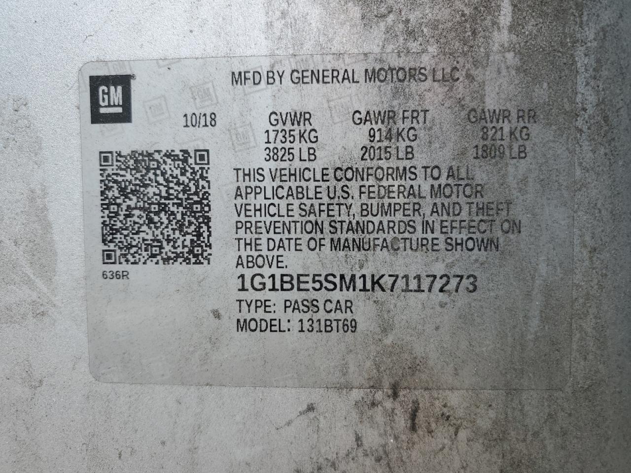 2019 Chevrolet Cruze Lt VIN: 1G1BE5SM1K7117273 Lot: 81940155