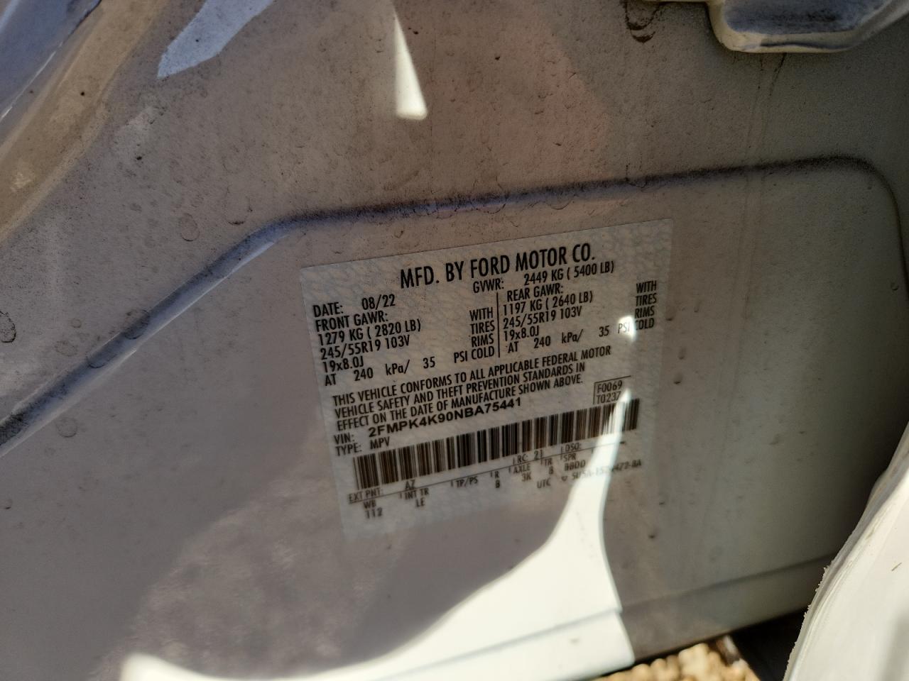 2022 Ford Edge Titanium VIN: 2FMPK4K90NBA75441 Lot: 82409855