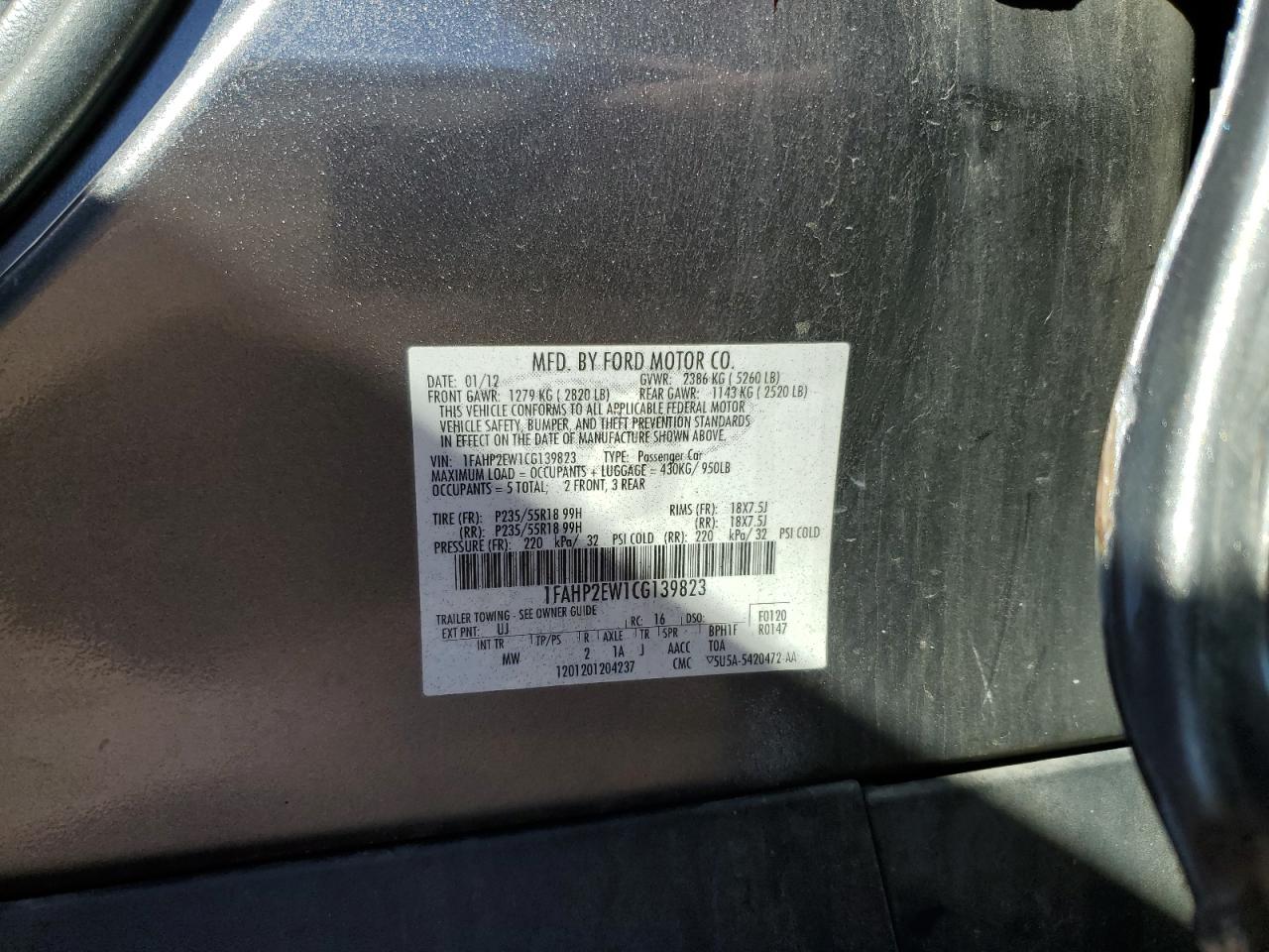 2012 Ford Taurus Sel VIN: 1FAHP2EW1CG139823 Lot: 82341955