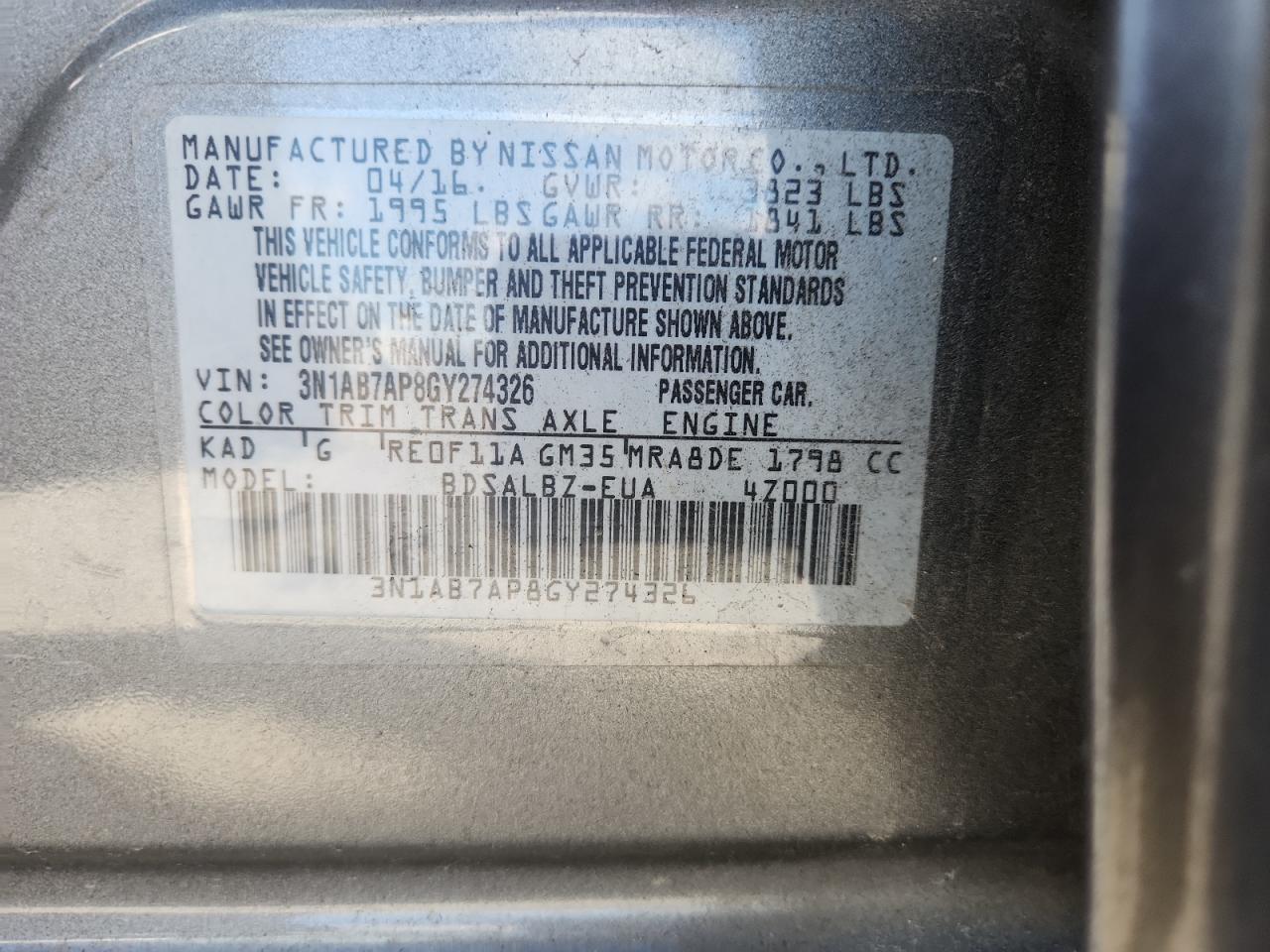 2016 Nissan Sentra S VIN: 3N1AB7AP8GY274326 Lot: 82588805