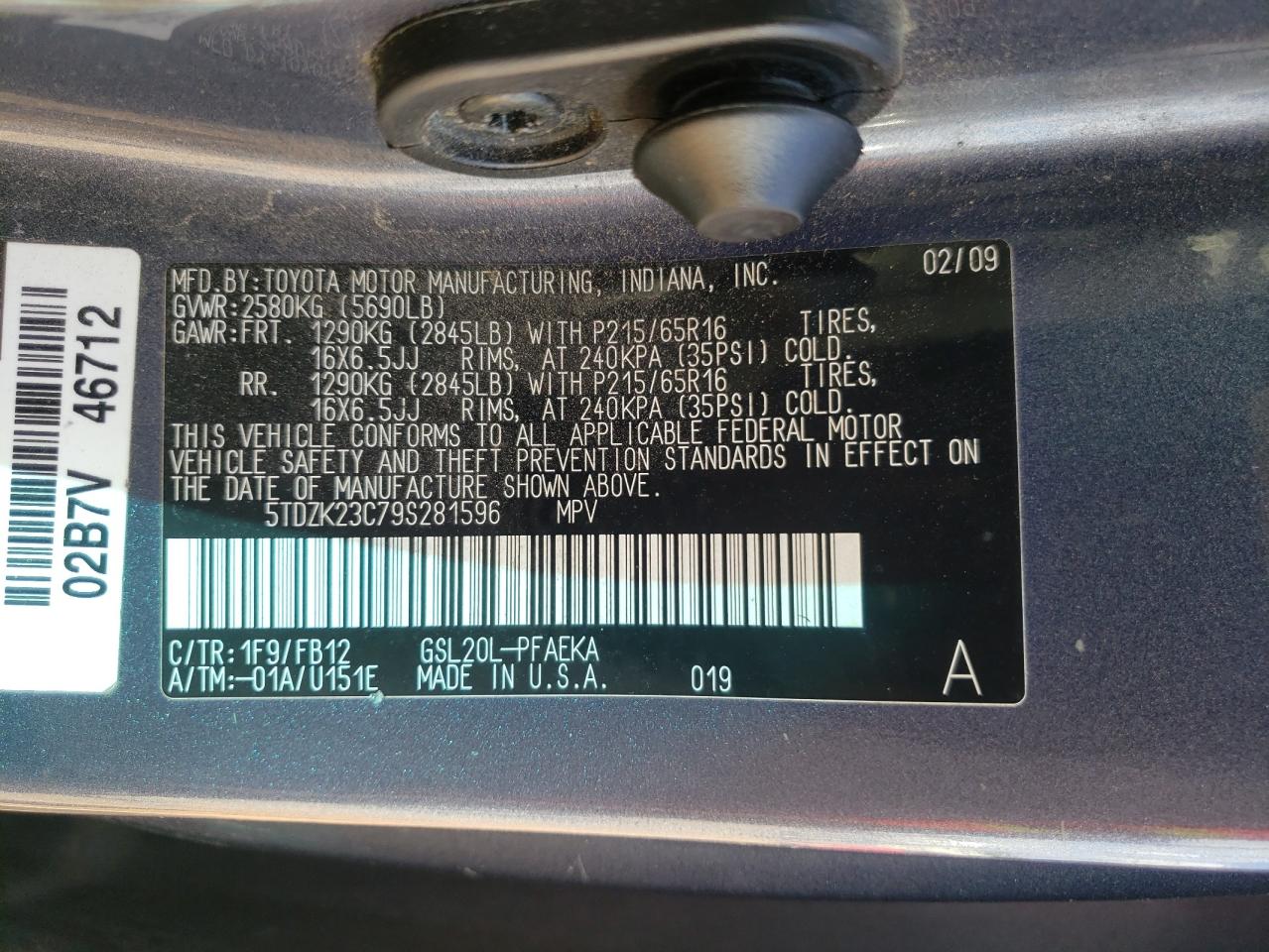 2009 Toyota Sienna Ce VIN: 5TDZK23C79S281596 Lot: 84817655
