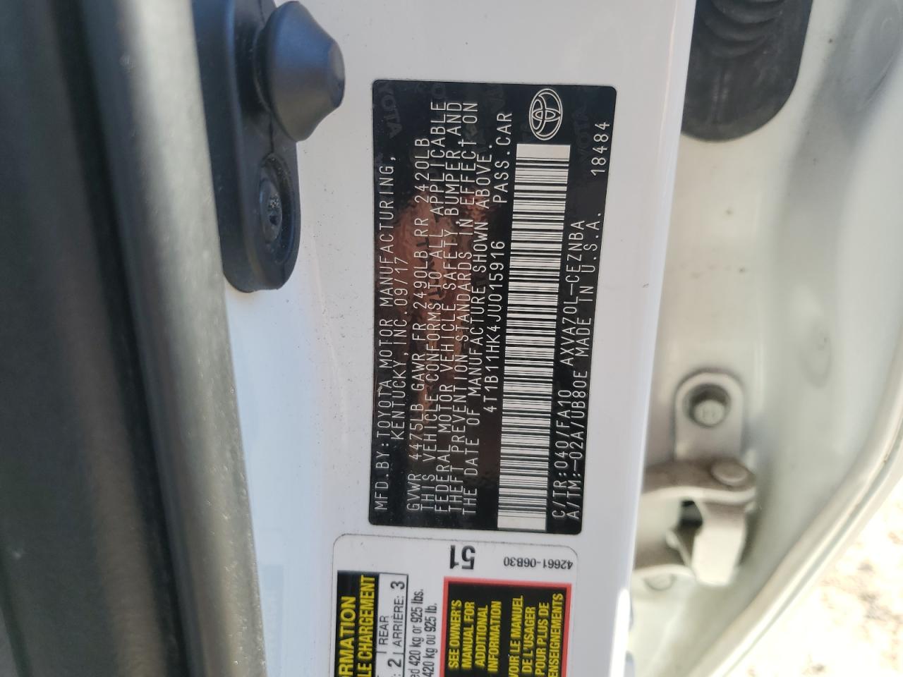 2018 Toyota Camry L VIN: 4T1B11HK4JU015916 Lot: 90911665