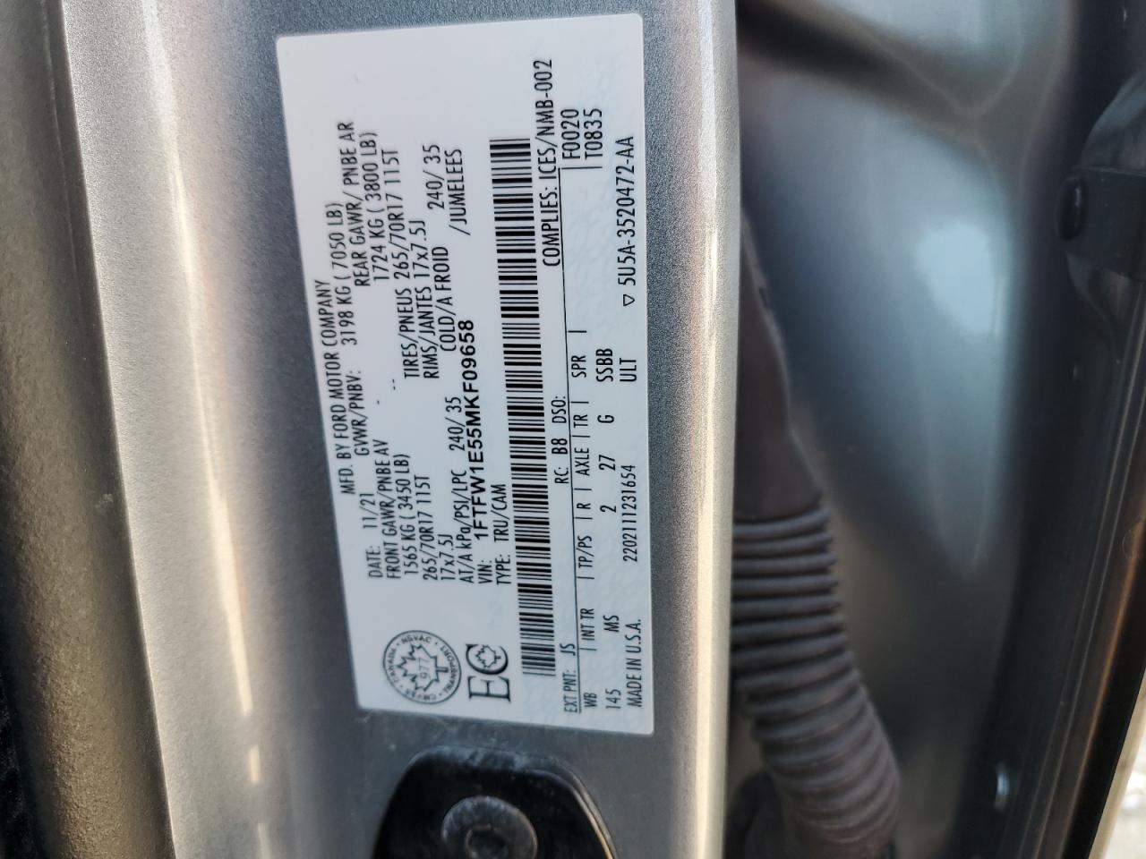 2021 Ford F150 Supercrew VIN: 1FTFW1E55MKF09658 Lot: 82222855