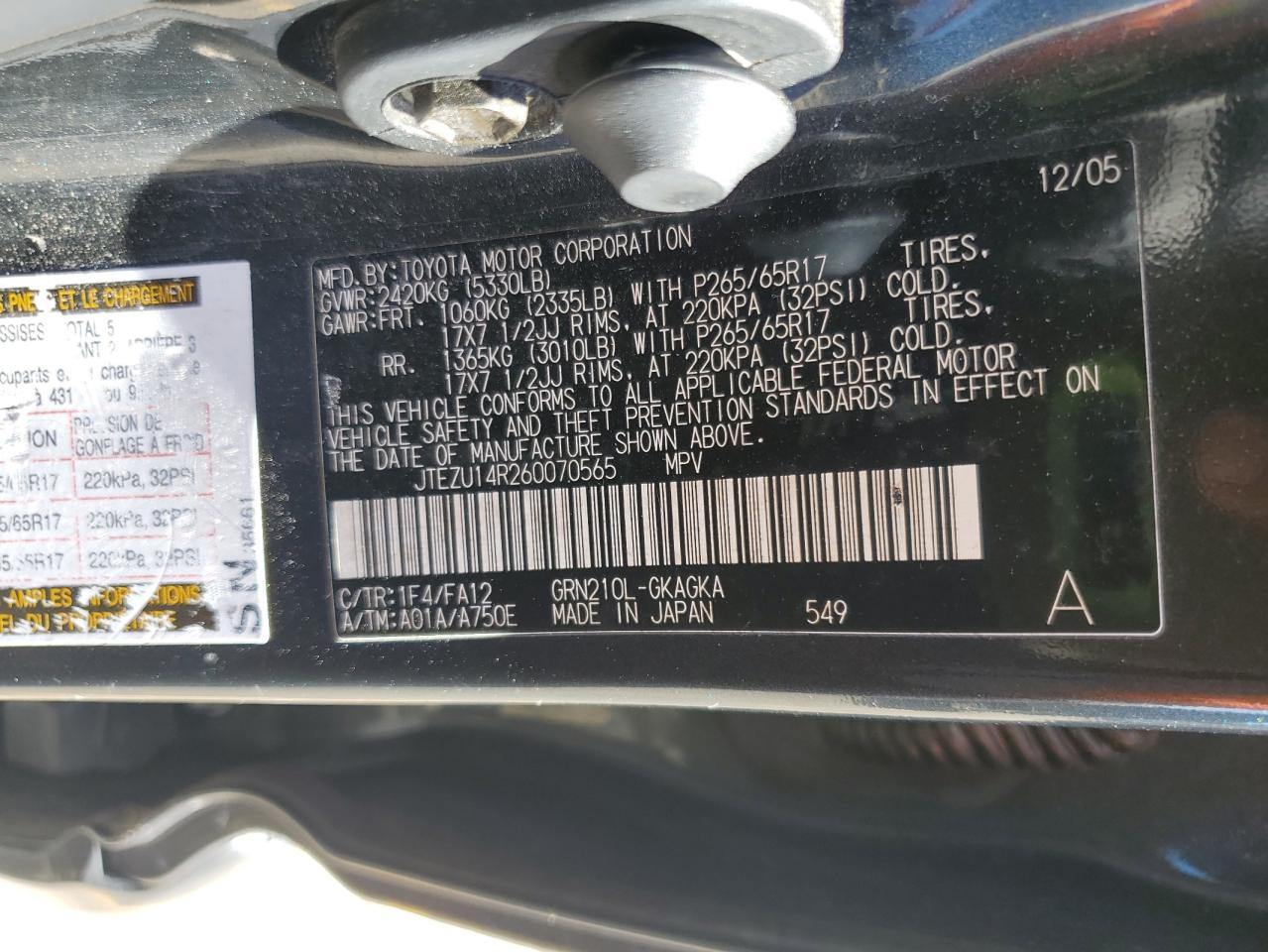 2006 Toyota 4Runner Sr5 VIN: JTEZU14R260070565 Lot: 86846825