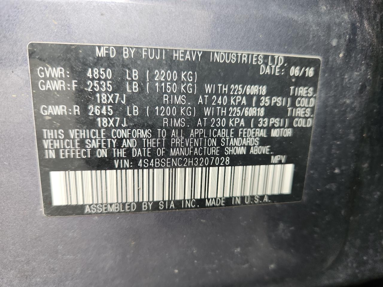 2017 Subaru Outback 3.6R Limited VIN: 4S4BSENC2H3207028 Lot: 85571965