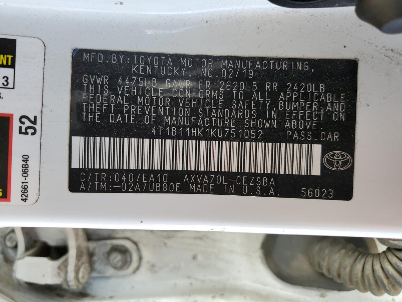 2019 Toyota Camry L VIN: 4T1B11HK1KU751052 Lot: 81966505