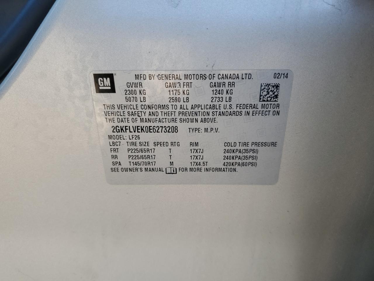 2014 GMC Terrain Sle VIN: 2GKFLVEK0E6273208 Lot: 82372135