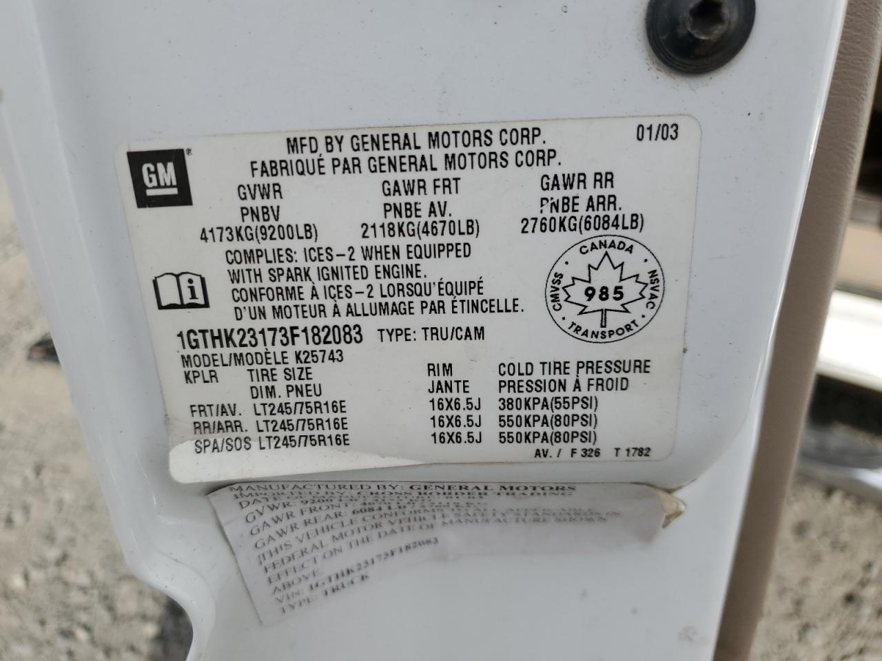 2003 GMC Sierra K2500 Heavy Duty VIN: 1GTHK23173F182083 Lot: 85938025