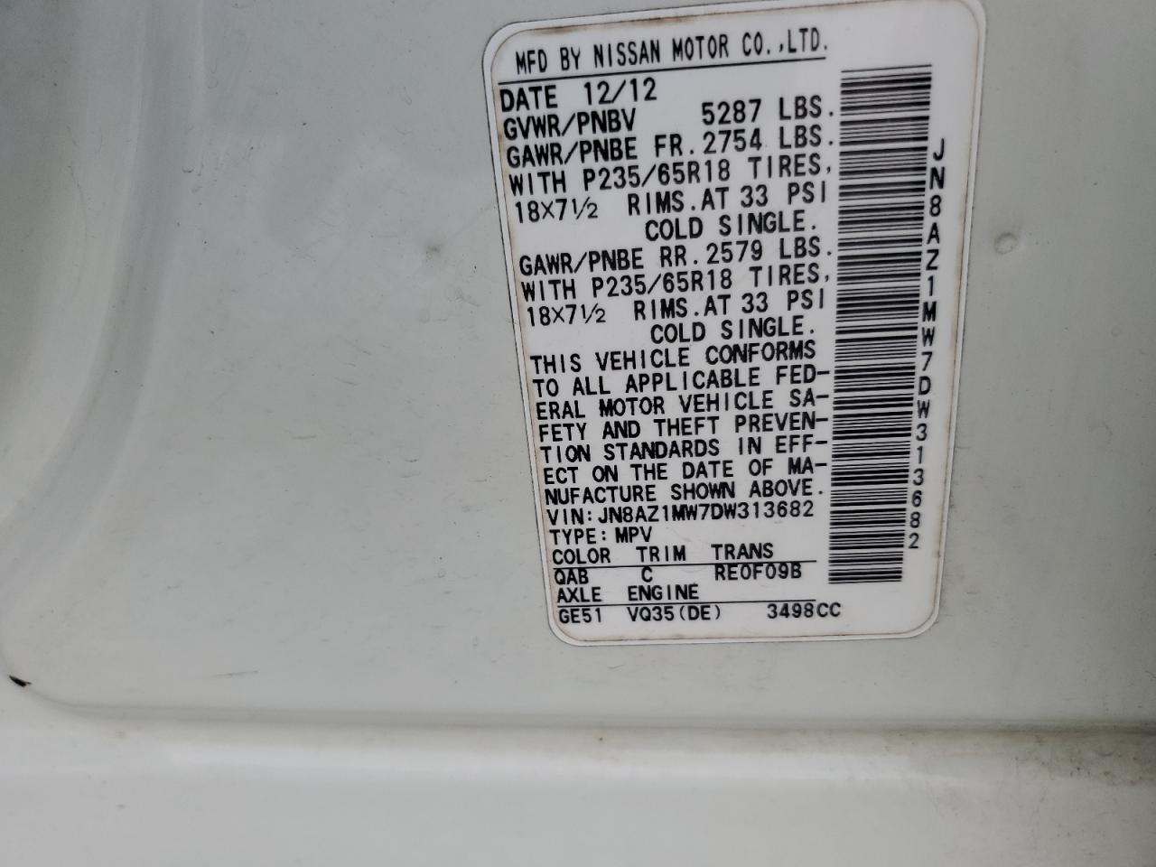 2013 Nissan Murano S VIN: JN8AZ1MW7DW313682 Lot: 84906975