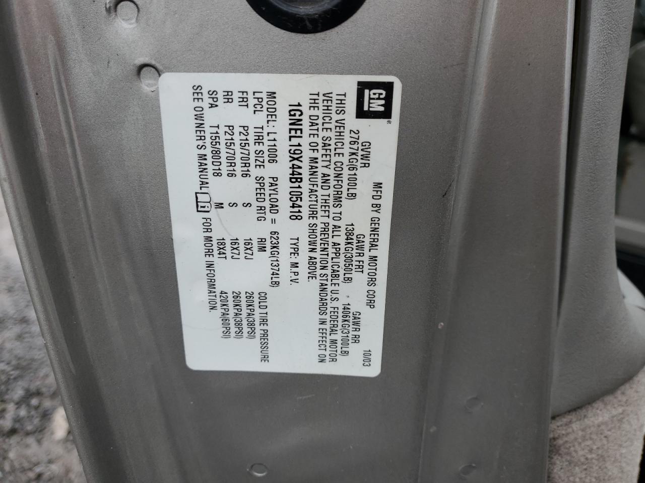 2004 Chevrolet Astro VIN: 1GNEL19X44B105418 Lot: 86612645