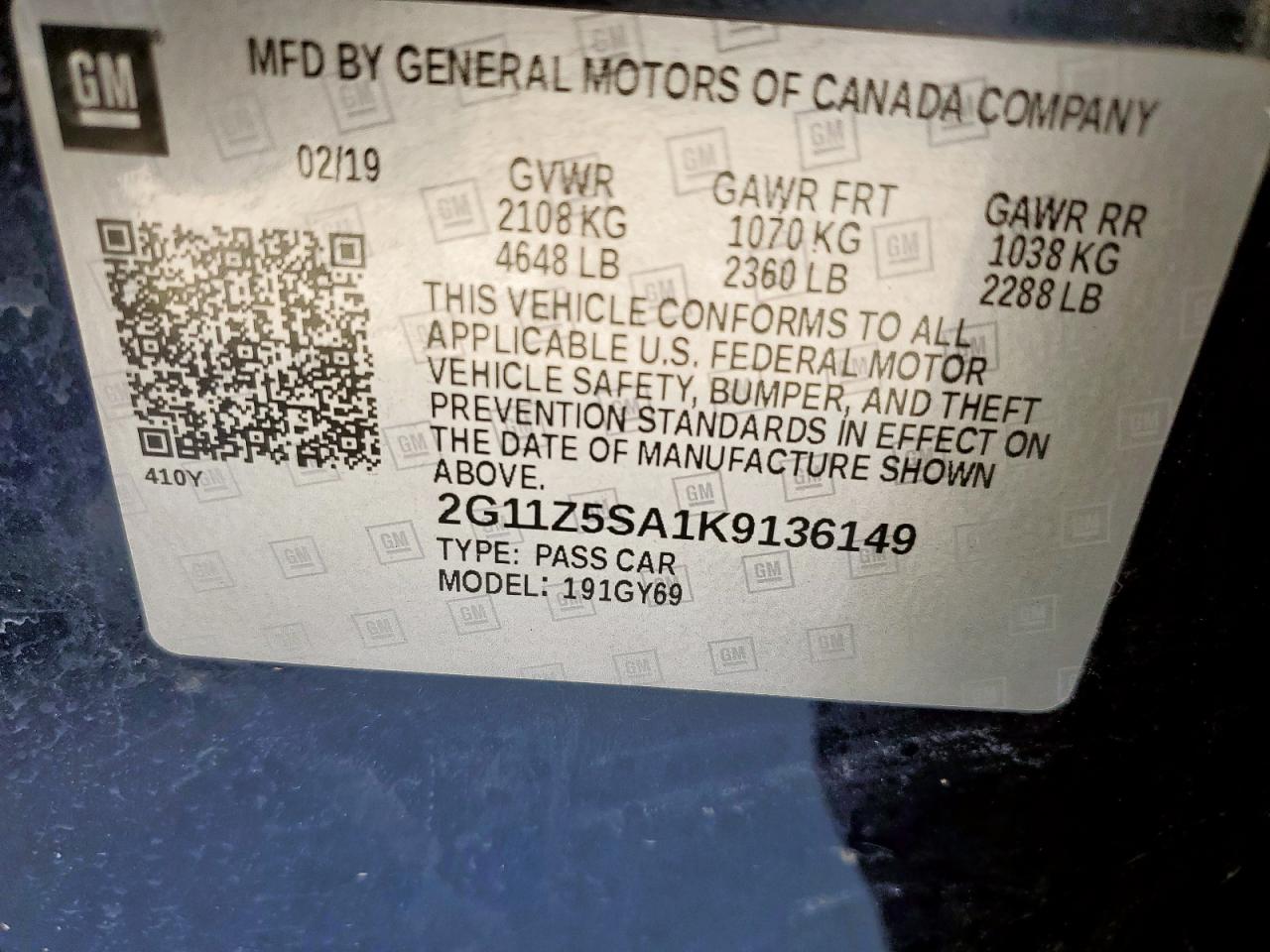 2019 Chevrolet Impala Lt VIN: 2G11Z5SA1K9136149 Lot: 85002995