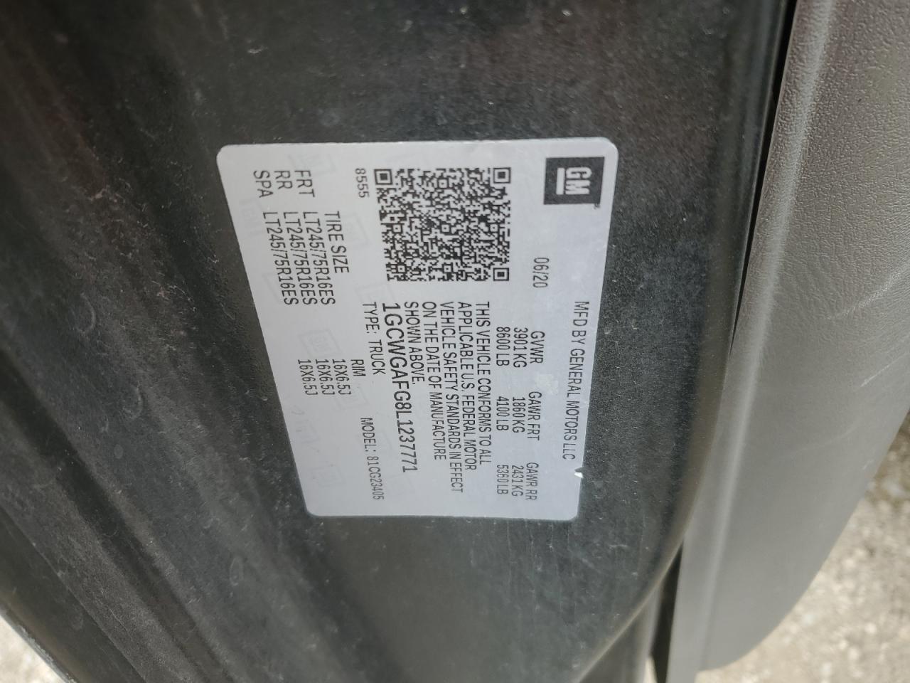 2020 Chevrolet Express G2500 VIN: 1GCWGAFG8L1237771 Lot: 89873935