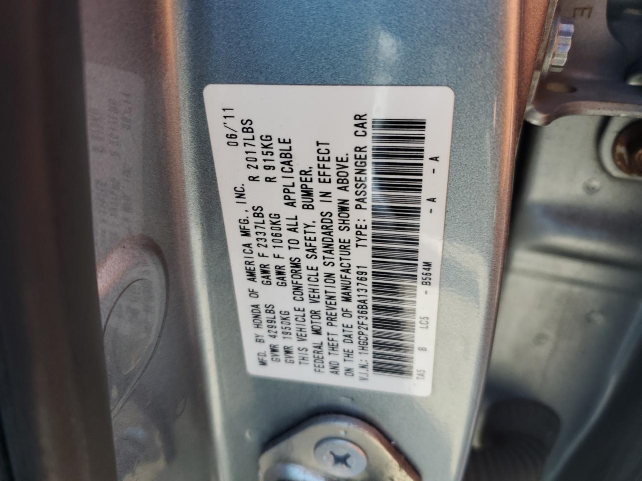 2011 Honda Accord Lx VIN: 1HGCP2F36BA137691 Lot: 86533935