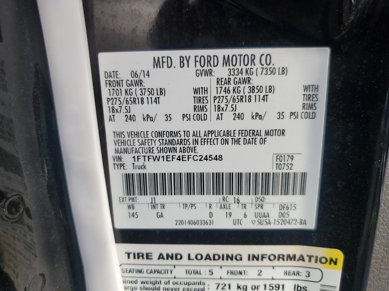 2014 Ford F150 Supercrew VIN: 1FTFW1EF4EFC24548 Lot: 86279055