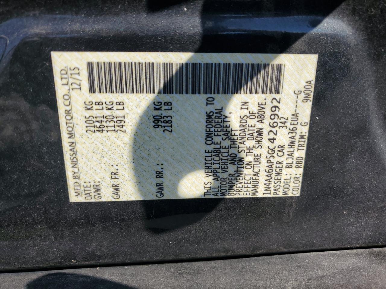 2016 Nissan Maxima 3.5S VIN: 1N4AA6AP5GC426992 Lot: 81827495