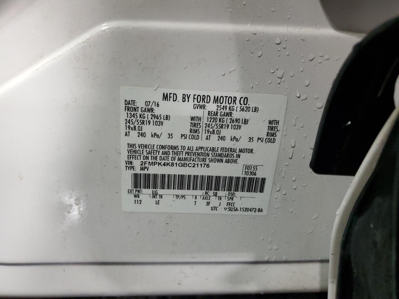 2016 Ford Edge Titanium VIN: 2FMPK4K81GBC21176 Lot: 86261025