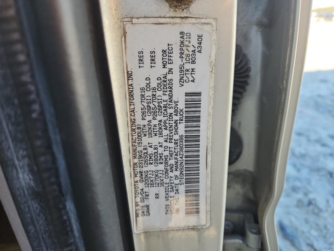 2004 Toyota Tacoma Double Cab Prerunner VIN: 5TEGN92N14Z380386 Lot: 87305355